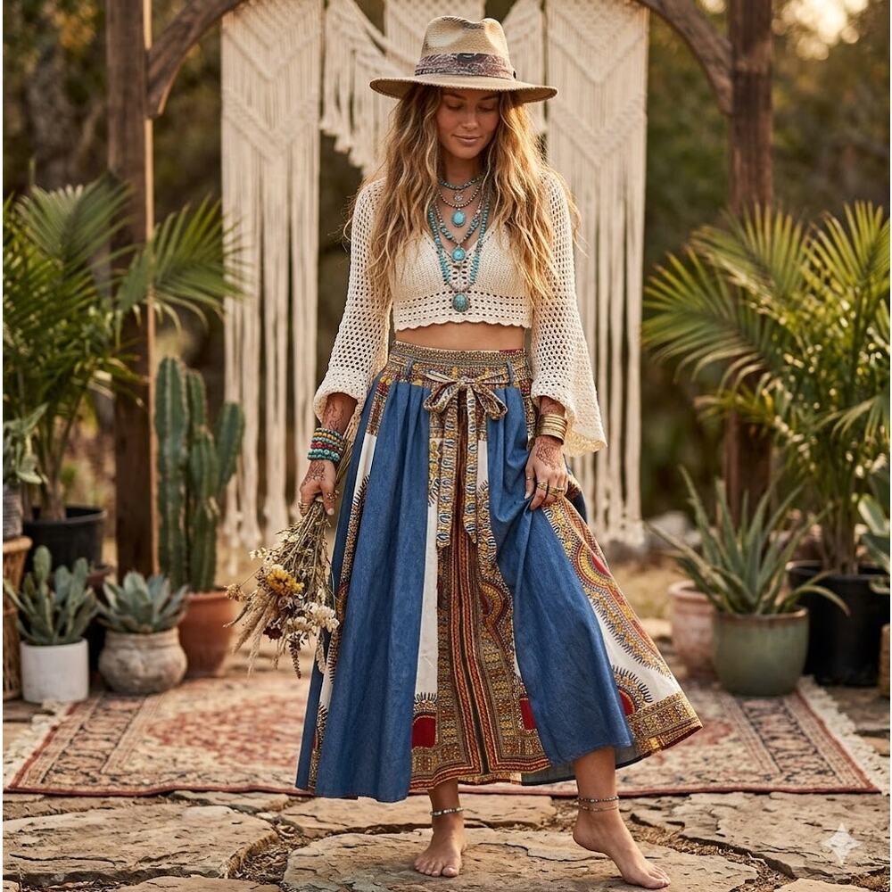 Ft. Inc. One Size Elastic Boho Paisley Maxi Skirt Patchwork Renaissance Fair